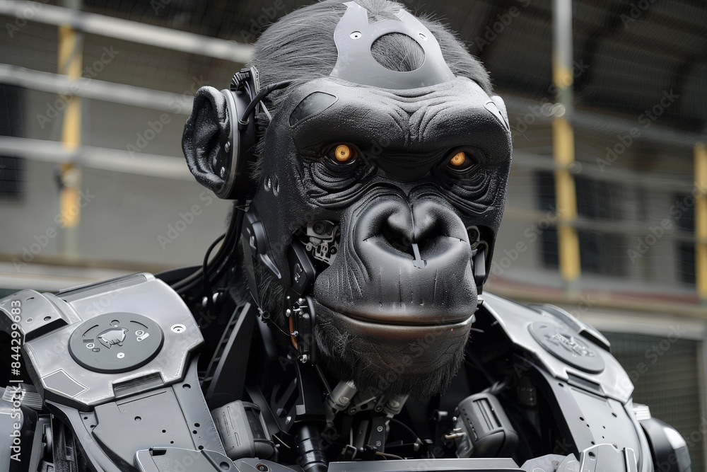Aufkleber featuring a robot with a design inspired by a gorilla, with a blurred face curiosity