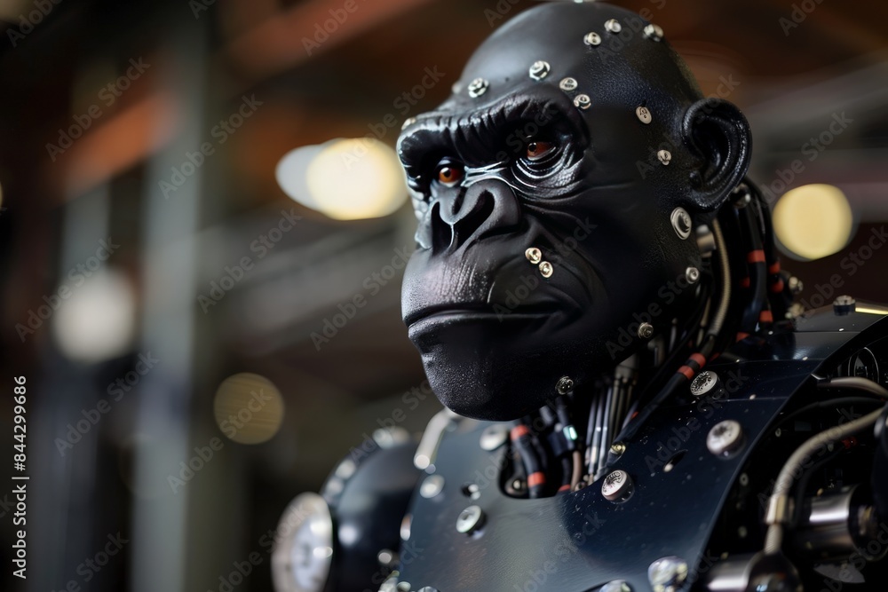 Aufkleber a focus shot of a gorilla-styled robot with a blurred background emphasizing the robot