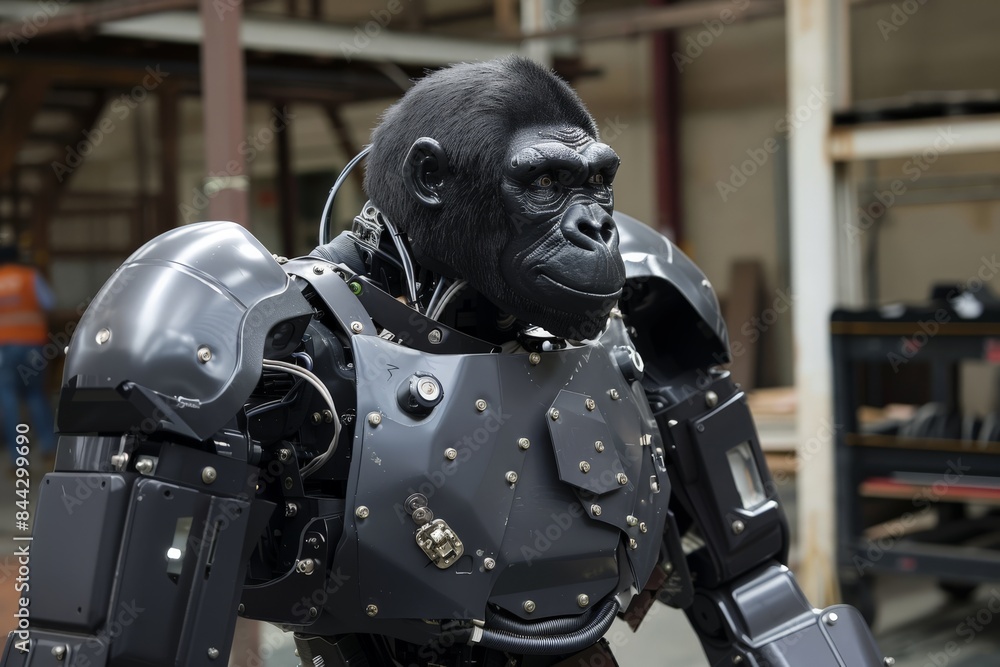 Poster close-up image of a robotic gorilla torso with detail of mechanical parts, blurred face to focus on 