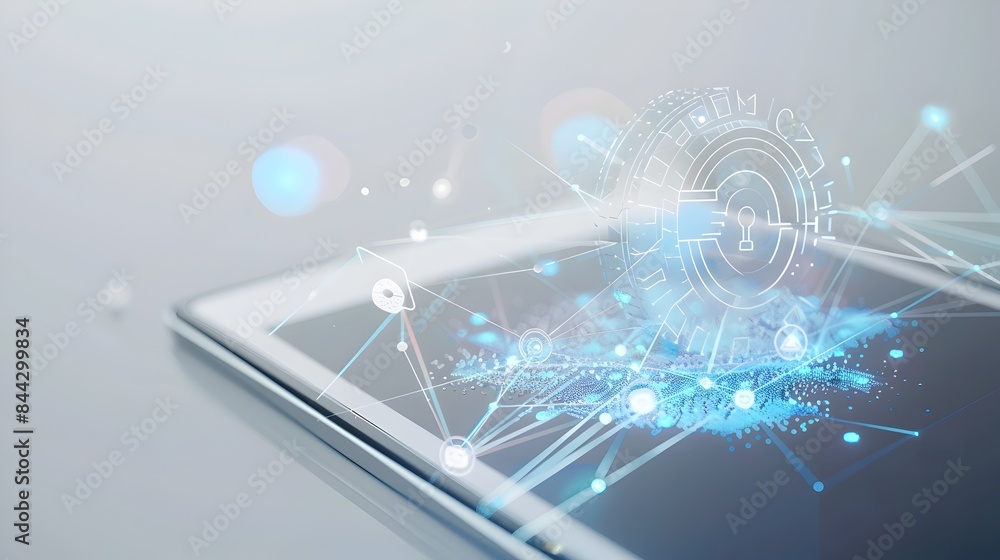 Aufkleber secure mobile device with holographic lock and network overlay on white background