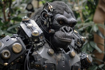 Fototapeta premium A close-up view of a robotic primate's face among lush green foliage