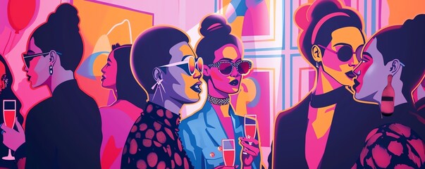 Fototapeta premium Vibrant digital illustration of stylish women socializing at a lively party, featuring bold colors, trendy outfits, and a dynamic atmosphere.