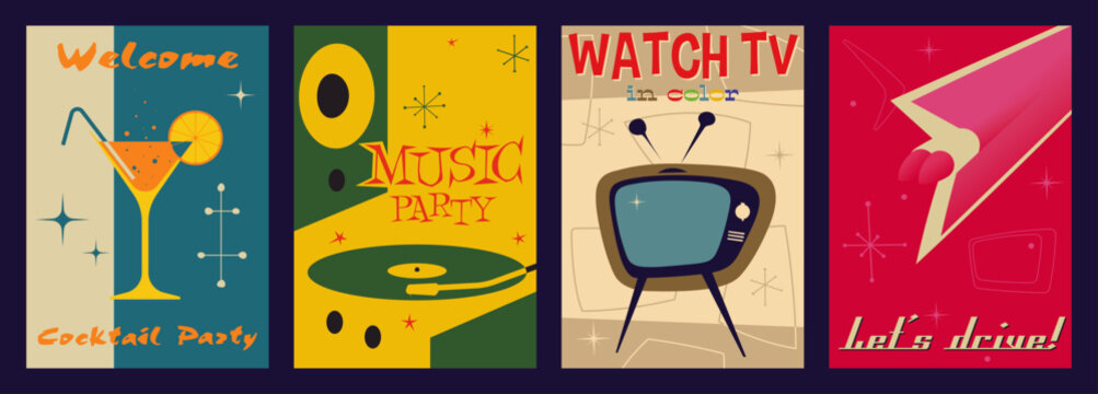 Mid-Century Modern Atomic Age Style Illustrations. Retro Party Posters, Templates for Invitations, Covers, Placards. TV, Vinyl Record, Tailfin Backlights, Cocktail Glass, 1950s - 1960s Colors, Shapes 