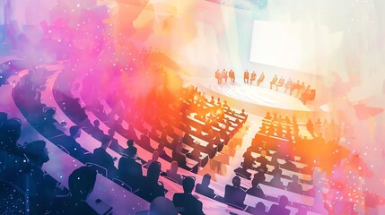 Obraz premium Vibrant and colorful abstract illustration of a conference or seminar in a large auditorium with a glowing stage and audience seating.