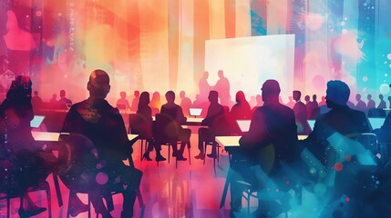Vibrant corporate seminar with diverse attendees learning and networking in a colorful, modern setting. Perfect for business and education themes.