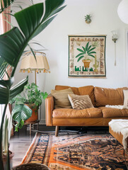 Stylish boho bohemian living room mock up mockup with neutral tones and comfortable tranquil interior design wall art and large house plants with big leaves comfortable welcoming decor © Mary Salen
