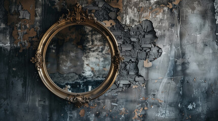 A striking image of a classic retro mirror with an ornate gold frame hanging on an industrial, weathered concrete wall.