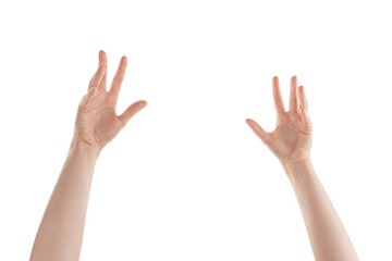 Female hands spooking gesture isolated on white