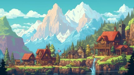 Fototapeta premium Village in the mountains pixel