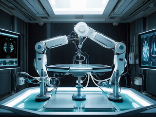 Futuristic Operating Room with Advanced Robotic Arm Conducting Neural Procedure