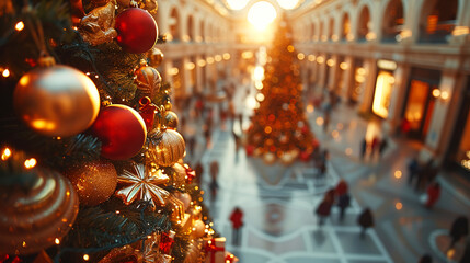 Shopping mall and store decorations with Christmas tree and gift boxes 
