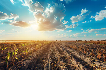 Scenic drought farmland under a bright blue sky