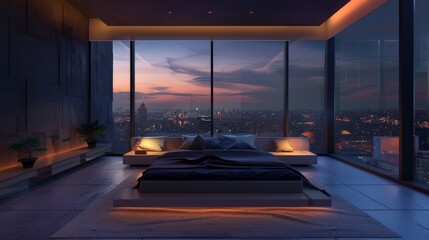 Serene Evening Retreat in Modern Bedroom with Sky-view Windows