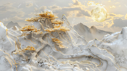 Chinese Style Gold and Silver Pine Tree Relief Carving on Mountain Landscape with Golden Sun and Moon, High Resolution 3D Rendering on Light Gray Marble Texture