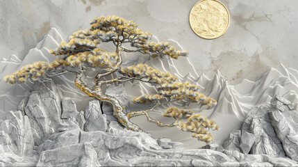 Chinese Style Gold and Silver Pine Tree Relief Carving on Mountain Landscape with Golden Sun and Moon, High Resolution 3D Rendering on Light Gray Marble Texture