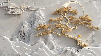 Chinese Style Gold and Silver Pine Tree Relief Carving on Mountain Landscape with Golden Sun and Moon, High Resolution 3D Rendering on Light Gray Marble Texture