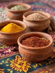 Clay bowls filled with various Moroccan spices like saffron, ras el hanout, and cinnamon, set against a colorful fabric background. Generative AI
