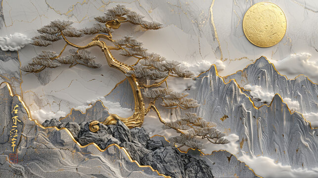 Chinese Style Gold and Silver Pine Tree Relief Carving on Mountain Landscape with Golden Sun and Moon, High Resolution 3D Rendering on Light Gray Marble Texture