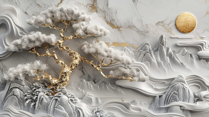 Chinese Style Gold and Silver Pine Tree Relief Carving on Mountain Landscape with Golden Sun and Moon, High Resolution 3D Rendering on Light Gray Marble Texture