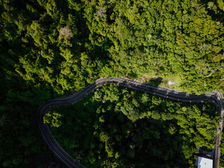 Aerial view apshalt curve road on mountain tropical rainforest