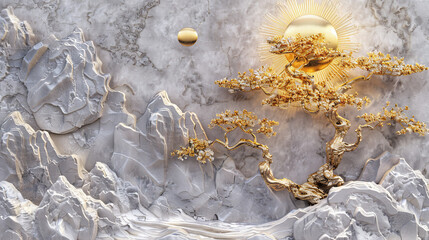 Chinese Style Gold and Silver Pine Tree Relief Carving on Mountain Landscape with Golden Sun and Moon, High Resolution 3D Rendering on Light Gray Marble Texture