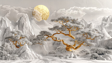 Chinese Style Gold and Silver Pine Tree Relief Carving on Mountain Landscape with Golden Sun and Moon, High Resolution 3D Rendering on Light Gray Marble Texture