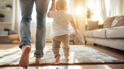Smiling baby learning to walk indoors, illuminated by warm sunlight, capturing a joyful moment of early childhood development and discovery.