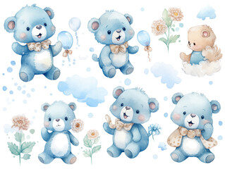 Watercolor baby bears vector illustration set collection on isolated white background