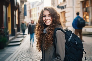 Fototapeta premium A woman with long hair is smiling and wearing a backpack