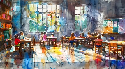 Naklejka premium Whimsical Preschool Classroom Buzzing with Colorful Educational Activities