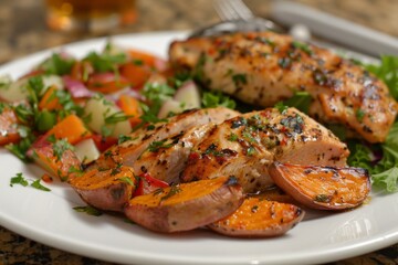 A clean photo of a portion-controlled meal with lean turkey, sweet potato wedges, and a side salad. Highlight the balanced nutrition and the visually appealing, health-conscious presentation