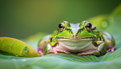 Naklejka premium green frog on the lotus leaf