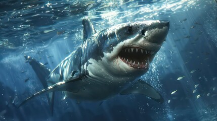 Naklejka premium Menacing Great White Shark with Open Jaws, Powerful Great White Shark Hunting in Its Natural Habitat