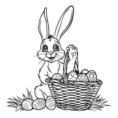 Easter bunny with basket and eggs, black vector illustration on white background