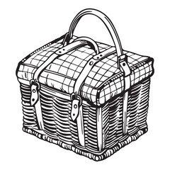 Drawing of realistic picnic basket, black vector illustration on white background