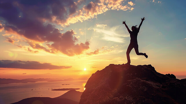 concept for expression success - person victoriously jumping with arms raised in the air