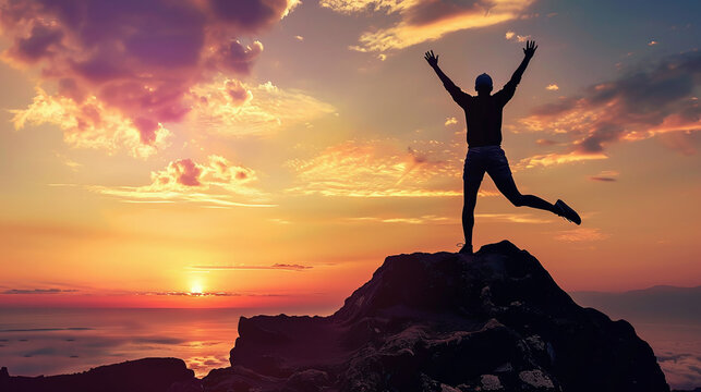 concept for expression success - person victoriously jumping with arms raised in the air