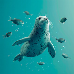 Playful Seal Swimming Underwater with Fish in Clear Blue Ocean - Marine Life and Wildlife Photography