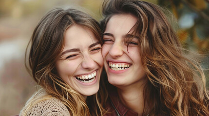Fototapeta premium two female young friends laughing together 