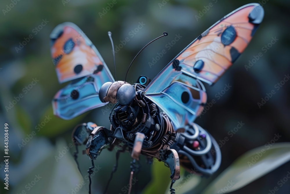 Poster this image shows an imaginative mechanical insect designed in a steampunk style with colorful orange