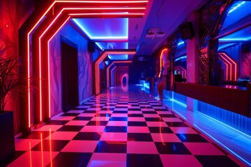 A vivid neon-lit corridor with a striking black and white checkered floor leads into a modern, stylish interior space
