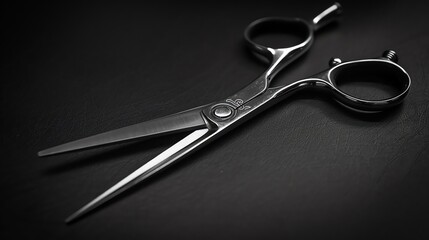 Obraz premium A pair of silver scissors is lying on a black leather surface. The scissors are open and the blades are facing up.