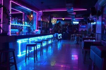 Cool neon blue lighting accentuates the trendy bar interior and its inviting atmosphere