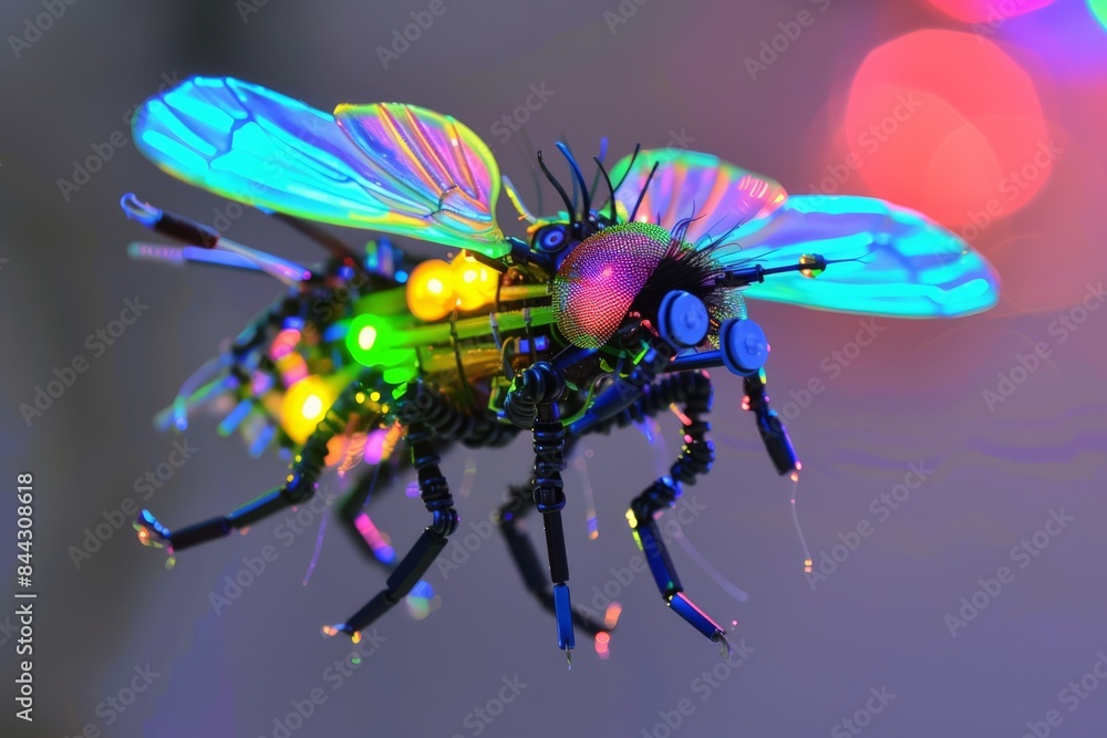 Poster A vivid image of a mechanical insect with iridescent wings and colorful lighting, displaying technological artistry