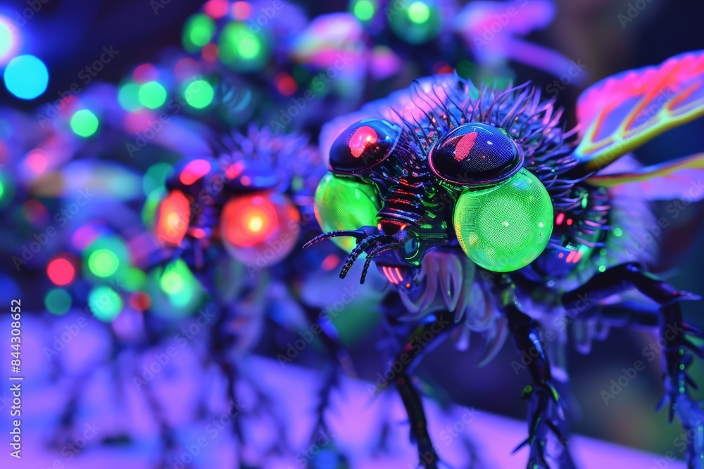 Poster Multiple cybernetic flies with brightly colored lights in a captivating formation on a dark background