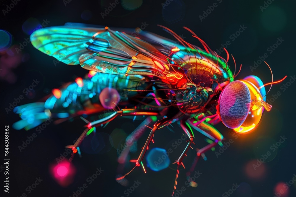 Poster vibrant, illuminated cybernetic fly with bokeh lights in the background and intricate mechanical det