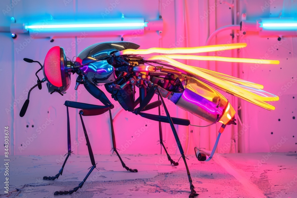 Poster An artistic mechanical insect displayed with striking neon lights and reflective metal components in a studio setting