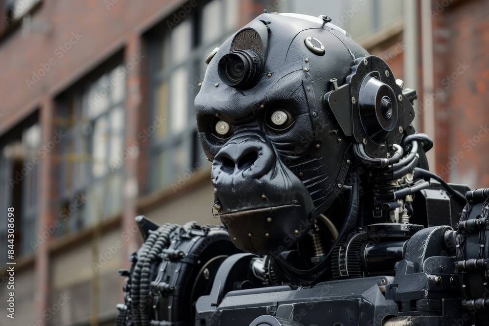 Aufkleber detailed close-up of a robotic gorilla face with intricate mechanical components and urban backgroun