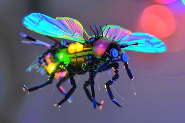 Fototapeta premium A vivid image of a mechanical insect with iridescent wings and colorful lighting, displaying technological artistry
