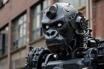 Fototapeta premium Detailed close-up of a robotic gorilla face with intricate mechanical components and urban background